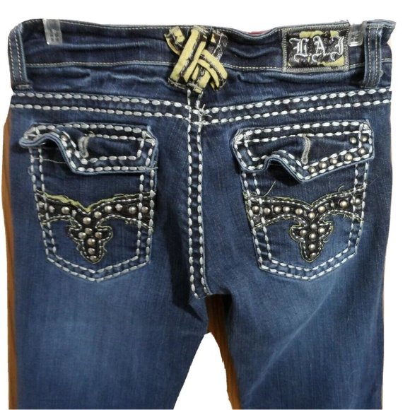 LA IDOL Jeans Sz 1 28x31 Flap pocket Bling Dark wash denim Designer Jr. pants - Picture 1 of 10